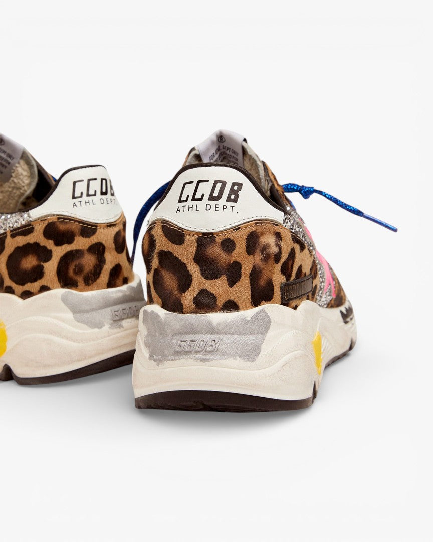 Golden Goose Running Sole Sneakers Leopard-Print Pony Skin Glitter Inserts