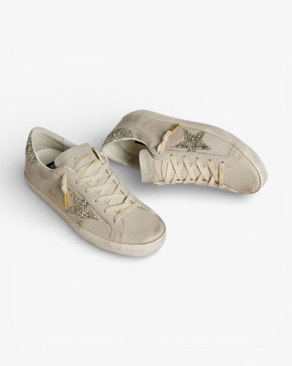 Golden Goose Women’s Super-Star LTD Ivory Nappa Leather Platinum Glitter Star Heel Tab