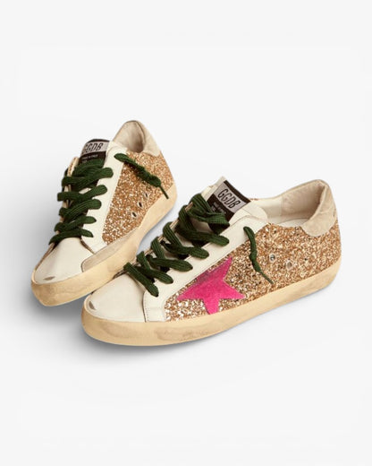 Golden Goose Super-Star Gold Glitter Sneakers with Pink Star