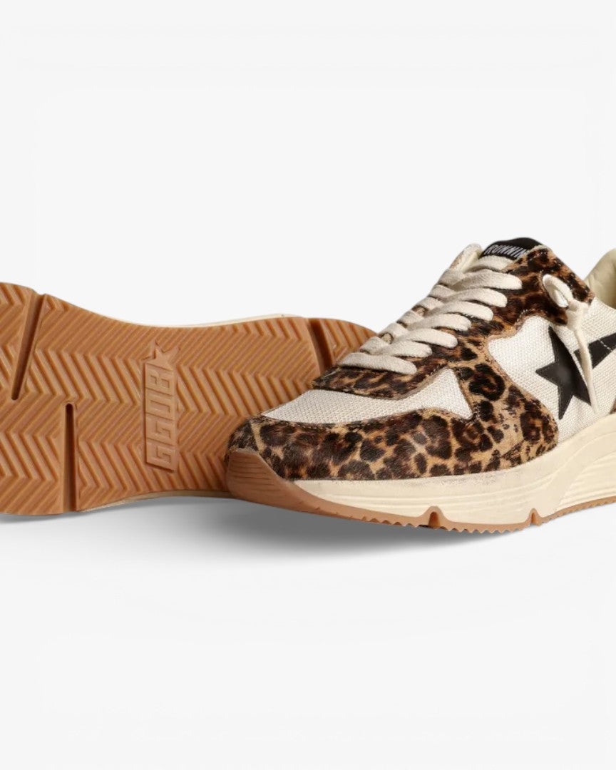 Golden Goose Running Sole Sneakers Cream Mesh Leopard-Print Pony Skin Black Leather Star