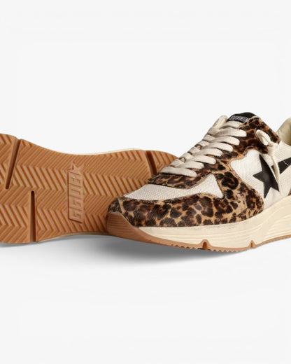 Golden Goose Running Sole Sneakers Cream Mesh Leopard-Print Pony Skin Black Leather Star
