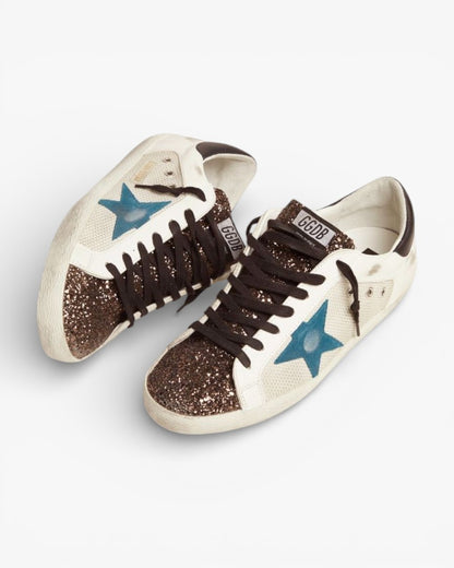 Golden Goose Super-Star Sneakers with Glitter Insert and Blue Storm Suede Star