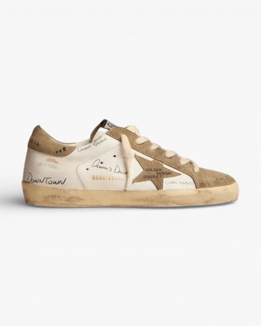 Golden Goose Super‑Star Sneakers White Leather Dove Gray Suede Black Lettering