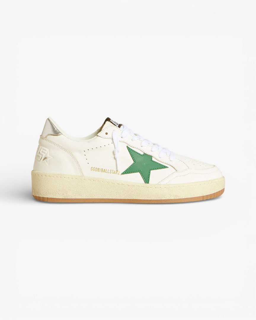 Golden Goose Ball Star White Leather Sneakers with Green Star
