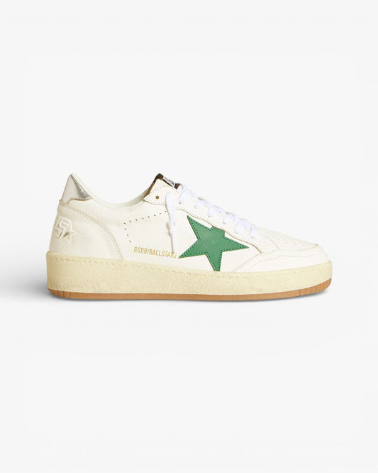 Golden Goose Ball Star White Leather Sneakers with Green Star