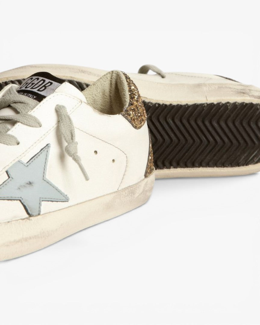 Golden Goose Super‑Star Sneakers Light Blue Star Gold Glitter Croc Heel
