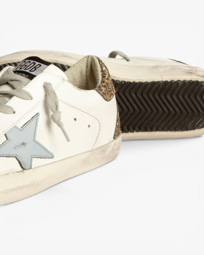 Golden Goose Super‑Star Sneakers Light Blue Star Gold Glitter Croc Heel