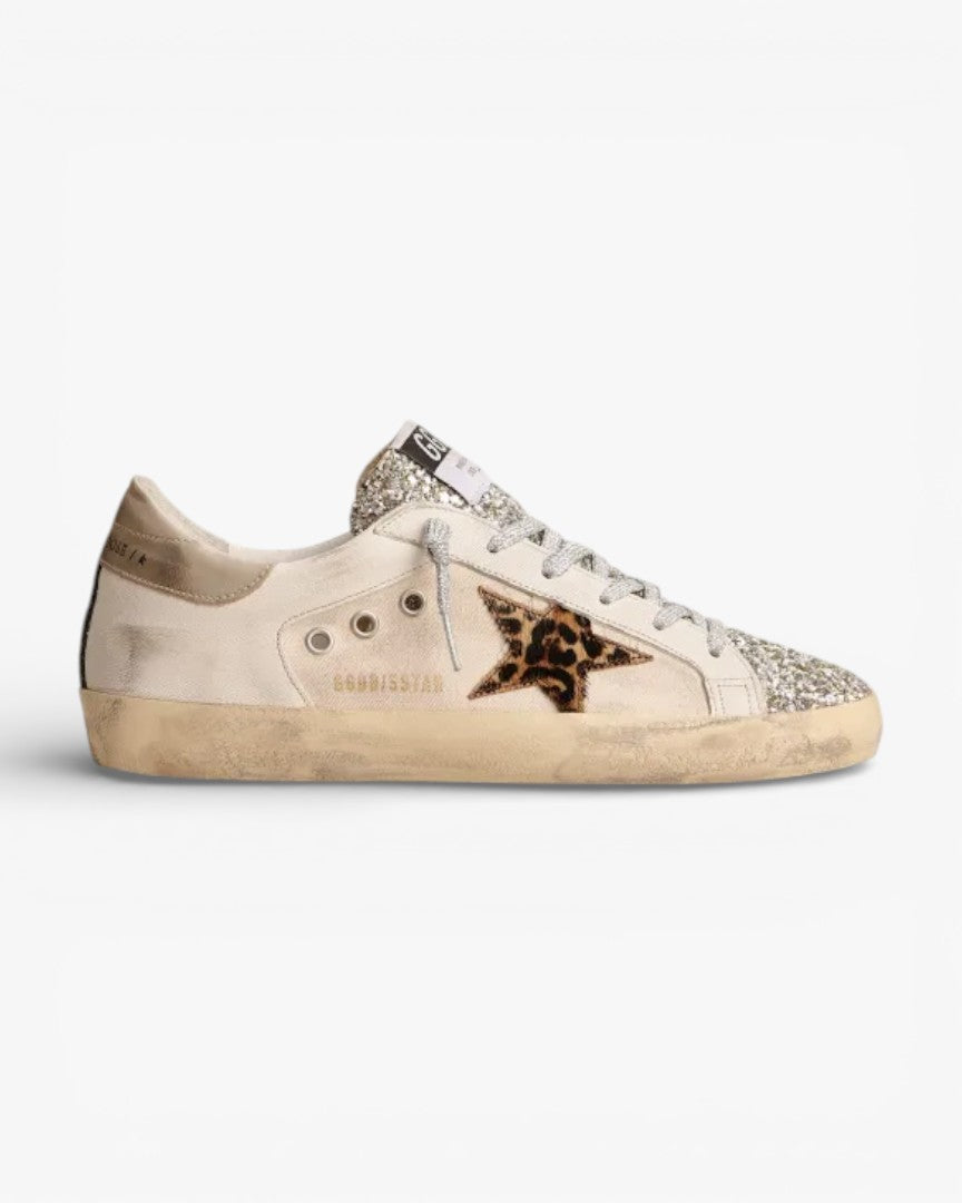 Golden Goose Super‑Star Sneakers Platinum Glitter Tongue Leopard Pony Skin Star