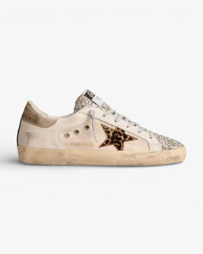 Golden Goose Super‑Star Sneakers Platinum Glitter Tongue Leopard Pony Skin Star