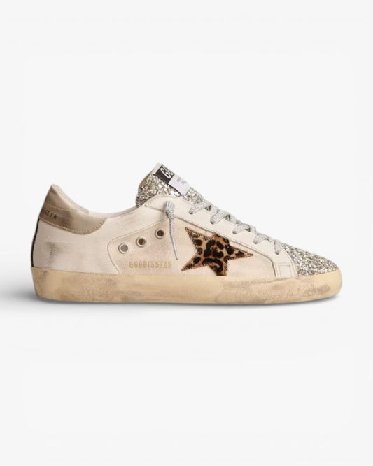Golden Goose Super‑Star Sneakers Platinum Glitter Tongue Leopard Pony Skin Star