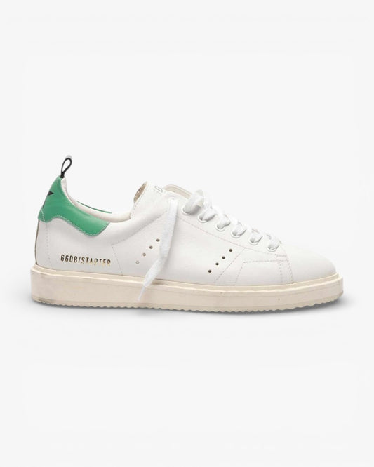 Golden Goose White Leather Starter Sneakers with Green Heel Tab