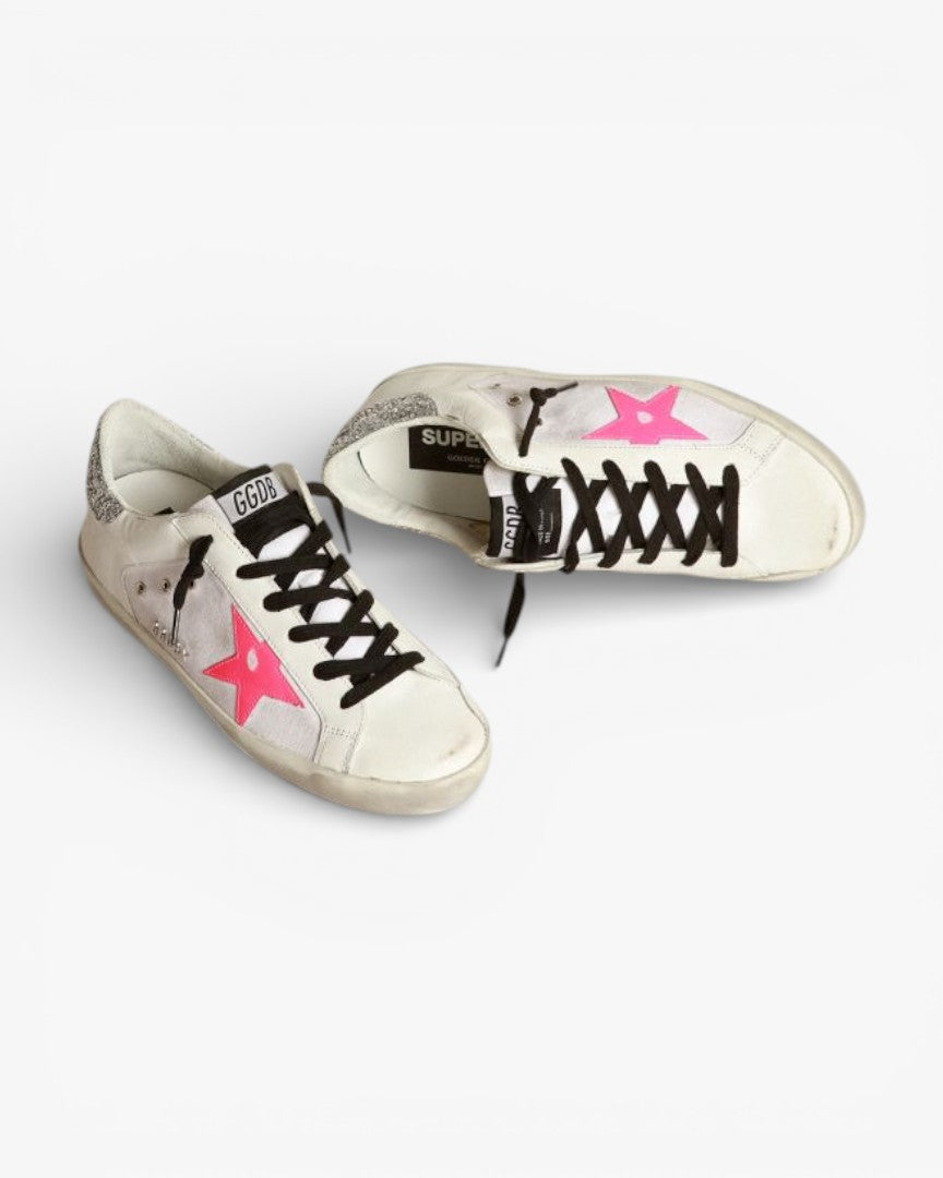 Golden Goose Super‑Star Sneakers White Leather Canvas Pink Star Silver Glitter Heel