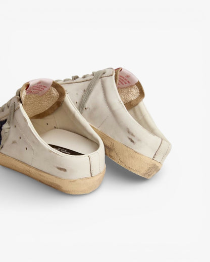 Golden Goose Super-Star Sabots White Leather with Blue Glitter Star
