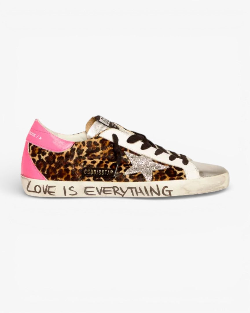 Golden Goose Super-Star Leopard Sneakers with Silver Glitter Star