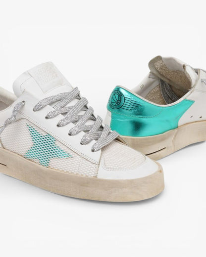 Golden Goose White Aqua‑Green Stardan Sneakers