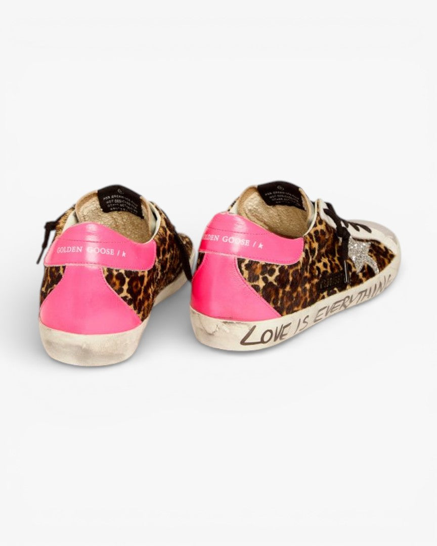 Golden Goose Super-Star Leopard Sneakers with Silver Glitter Star