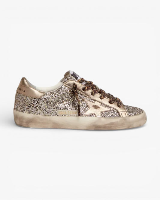 Golden Goose Super-Star Platinum Glitter Sneakers with Tone-on-Tone Leather Star and Heel Tab