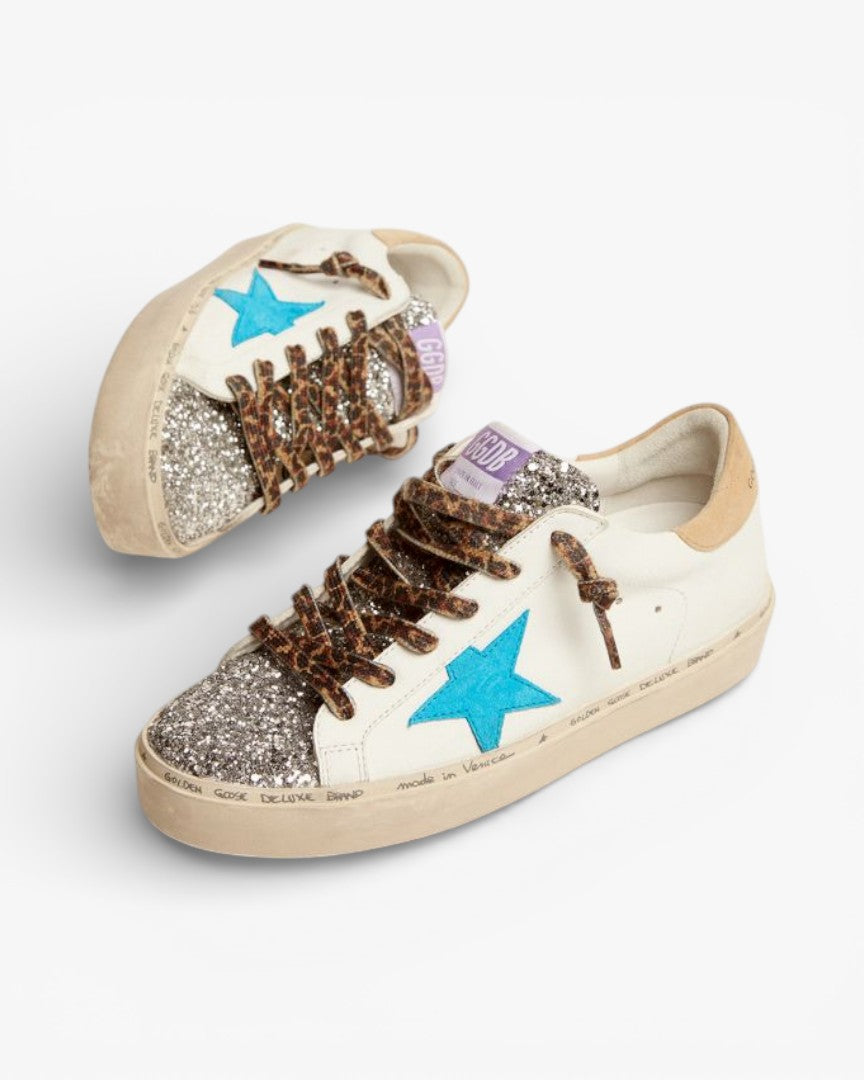 Golden Goose Hi-Star LTD Sneakers Silver Glitter Tongue Cyan-Blue Suede Star