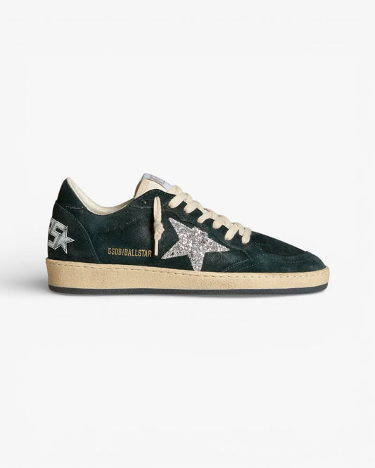 Golden Goose Ball Star Green Suede Sneakers with Silver Glitter Star