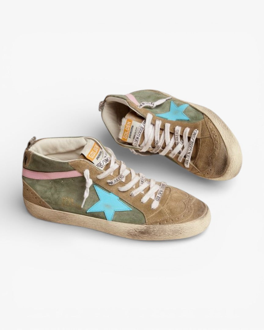 Golden Goose Mid Star LTD Sneakers Military Green Suede Sky-Blue Leather Star Pink Leather Flash