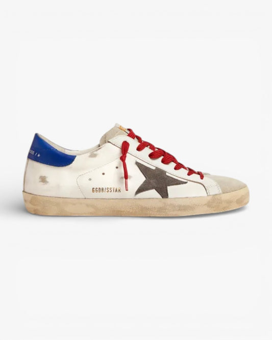 Golden Goose Super-Star Sneakers with Blue Heel Tab and Red Laces