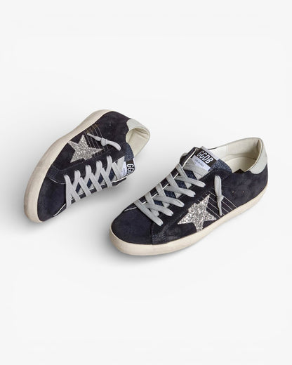 Golden Goose Women’s Super-Star Blue Suede Silver Glitter Star Leather Heel Tab