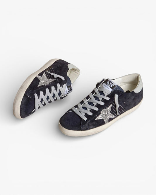 Golden Goose Women’s Super-Star Blue Suede Silver Glitter Star Leather Heel Tab