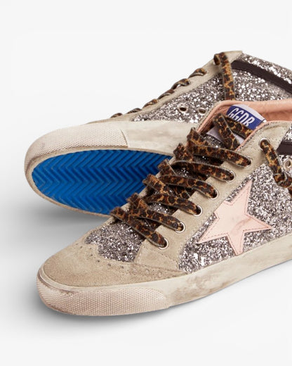 Golden Goose Mid Star Sneakers Silver Glitter Upper Pale Pink Star