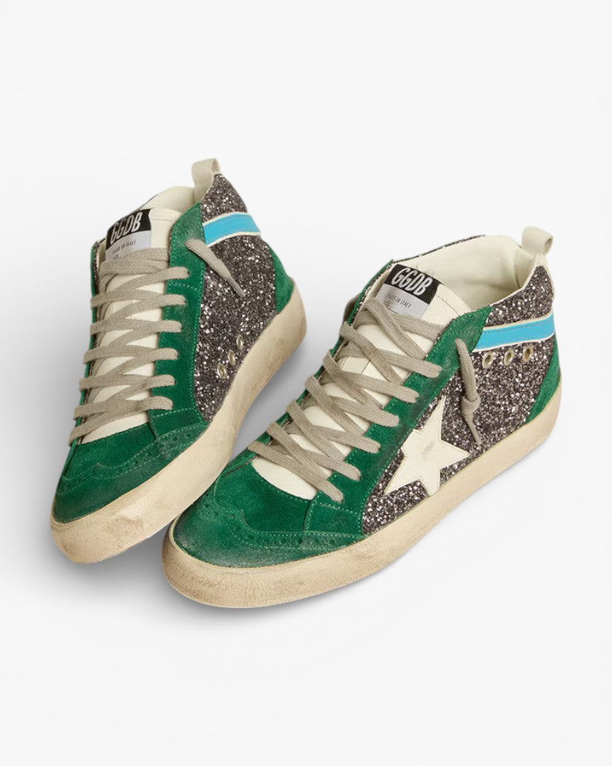 Golden Goose Mid Star Anthracite Glitter Leather Star Light Blue Flash