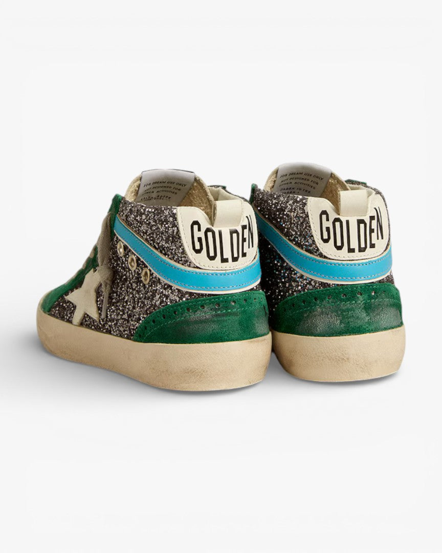 Golden Goose Mid Star Anthracite Glitter Leather Star Light Blue Flash