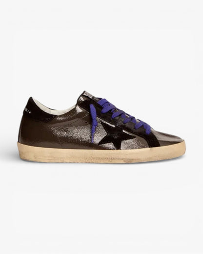 Golden Goose Super-Star Gray Patent Leather Sneakers with Black Suede Inserts