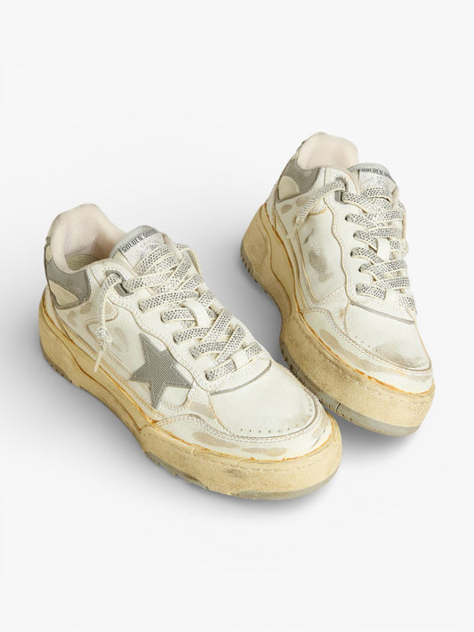 Golden Goose Forty2 White Leather Sneakers with Black Star and Silver Heel Tab