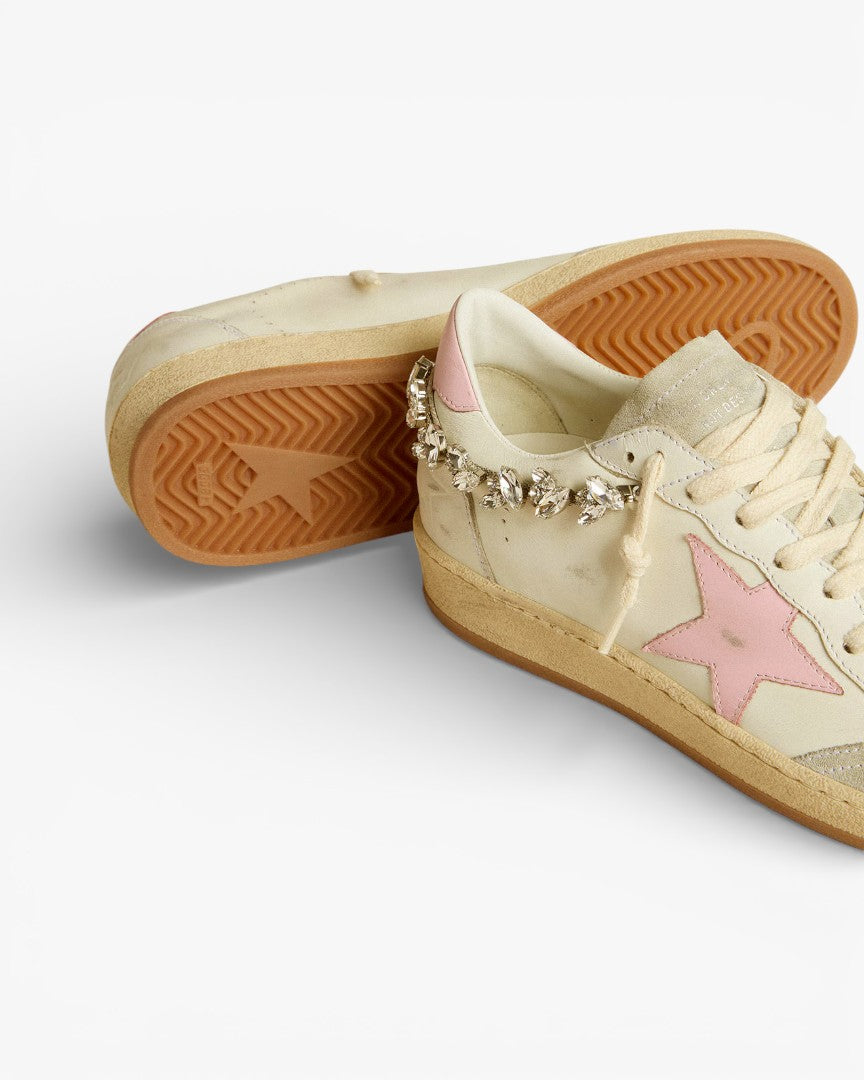 Golden Goose Superstar Cream Leather Sneakers with Pink Star and Crystal Heel Tab