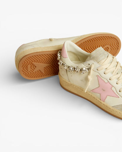 Golden Goose Superstar Cream Leather Sneakers with Pink Star and Crystal Heel Tab