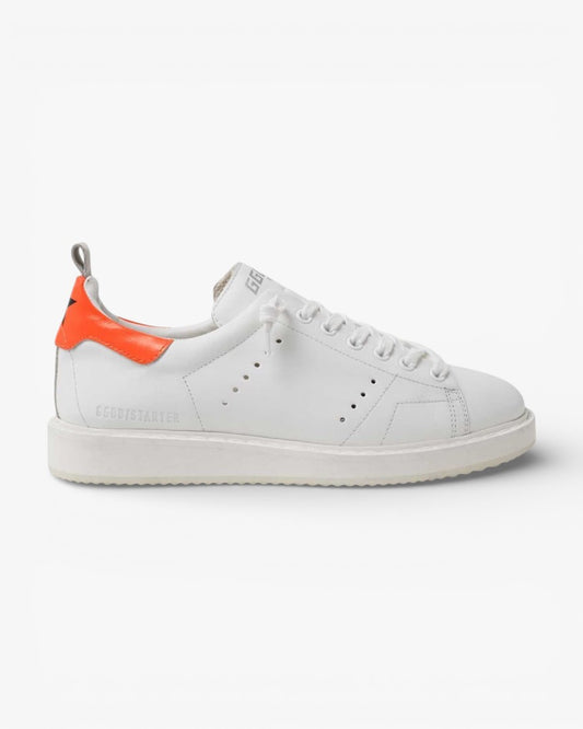 Golden Goose White Starter Sneakers with Fluorescent Orange Heel Tab