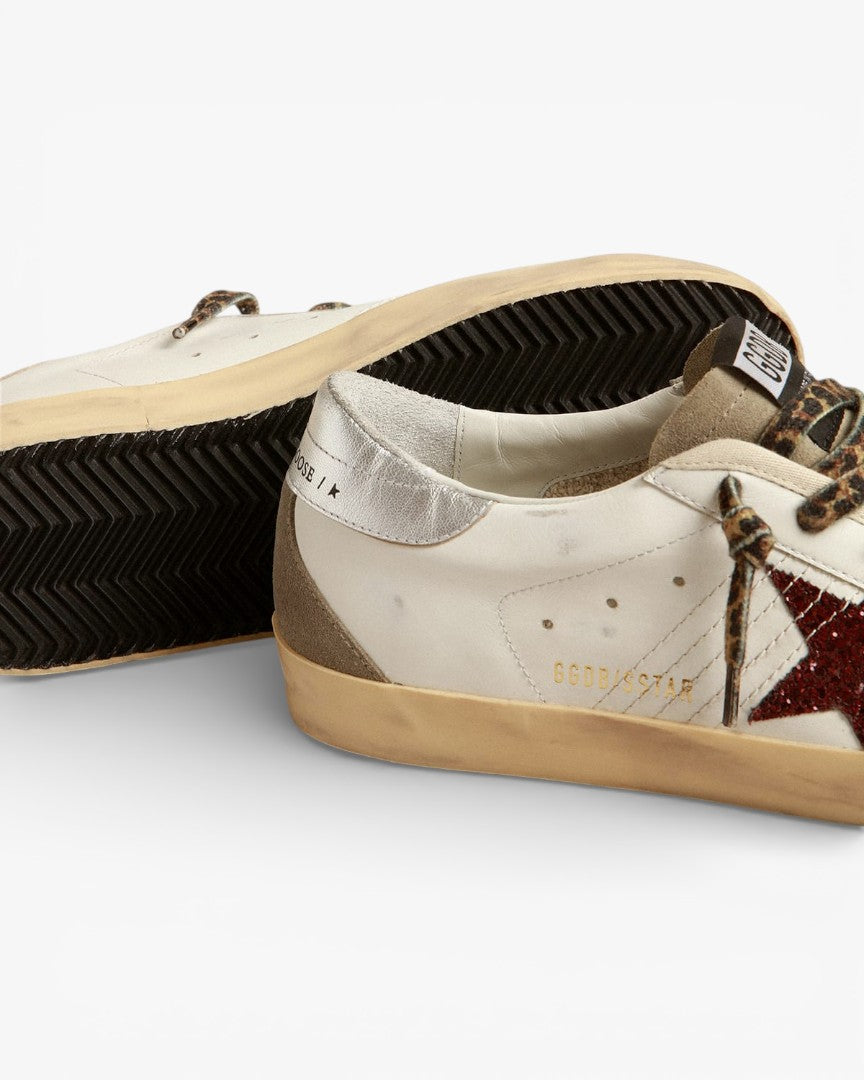 Golden Goose Super‑Star Sneakers Burgundy Glitter Star Silver Heel