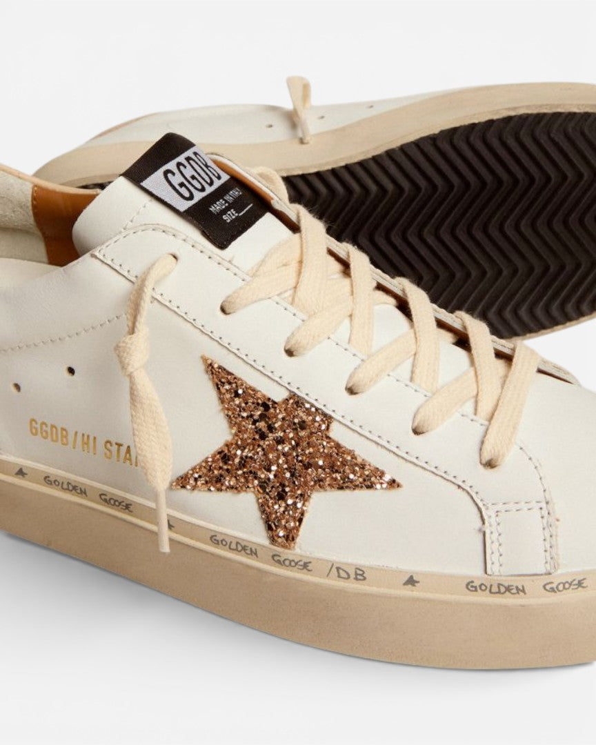 Golden Goose Hi-Star Sneakers Gold Glitter Star Beige Leather Heel Tab