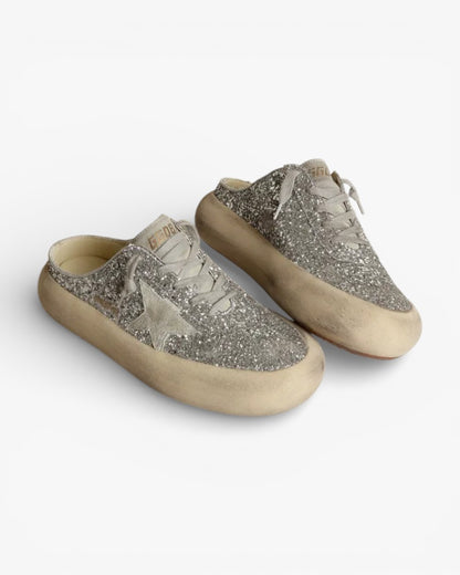 Golden Goose Space Star Silver Glitter Suede Accent Sabot Sneakers
