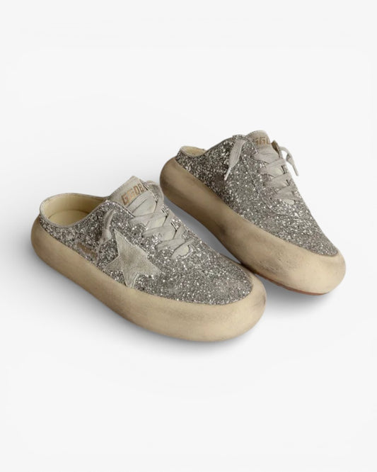 Golden Goose Space Star Silver Glitter Suede Accent Sabot Sneakers