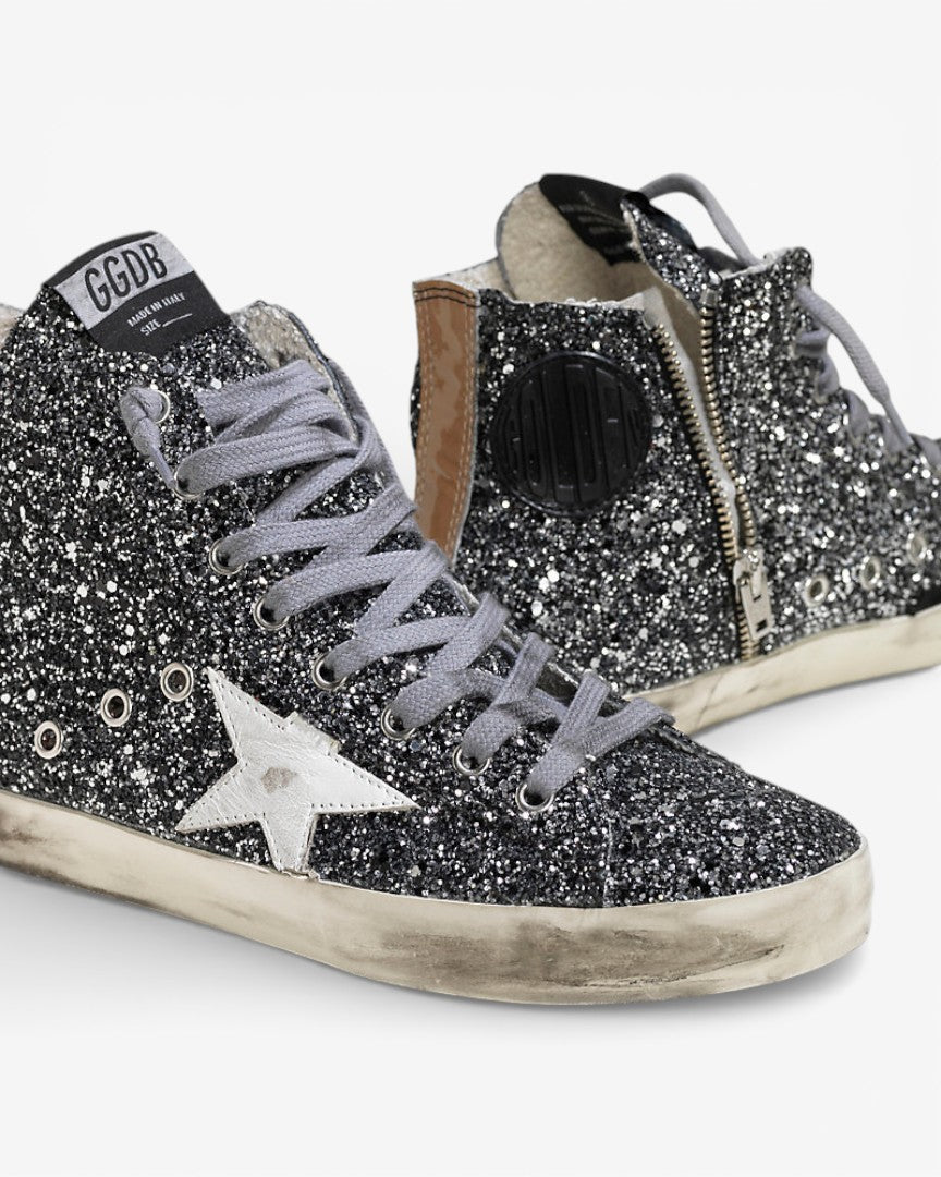 Golden Goose FRANCY Sneakers Pelle Splamata All Over Glitter Grey Glitter Star
