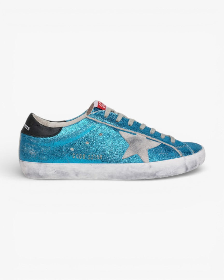 Golden Goose Blue Glitter Handcrafted Custom Couple Sneakers