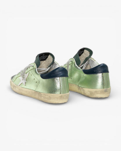 Golden Goose Super-Star Sneakers with Green Lamé Leather Star