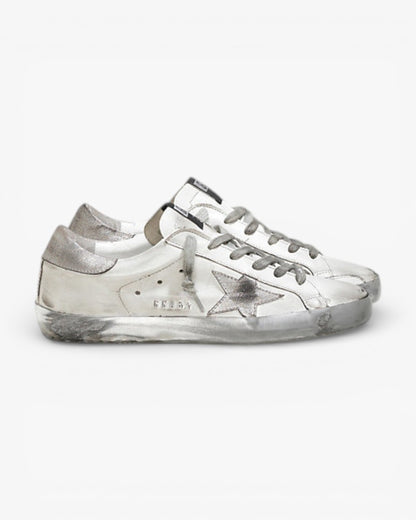 Golden Goose Super Star Leather Sneakers Suede Star Sparkle White Silver