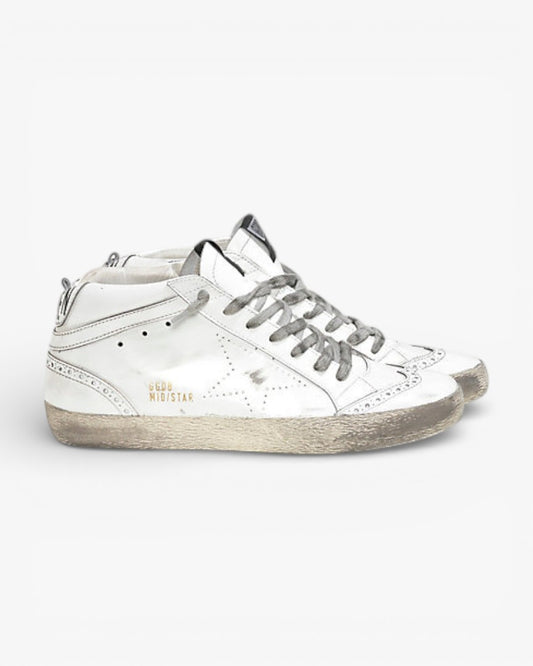 Golden Goose MID STAR Sneakers Pelle Lucida Stella Traforata White Polish