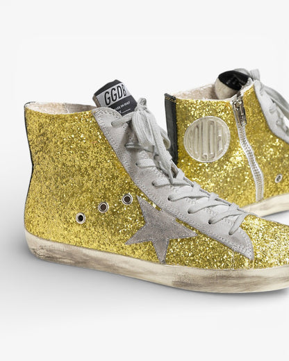 Golden Goose FRANCY Sneakers Pelle Splamata All Over Glitter Stella Camoscio Lime Glitter