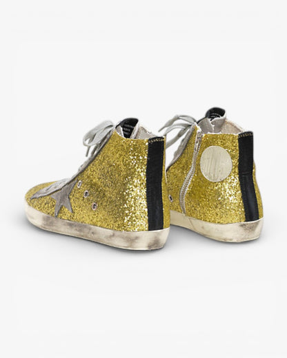 Golden Goose FRANCY Sneakers Pelle Splamata All Over Glitter Stella Camoscio Lime Glitter