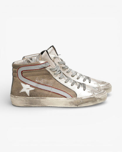 Golden Goose SLIDE Sneakers Cotton Canvas Leather Star Silver Beige Suede