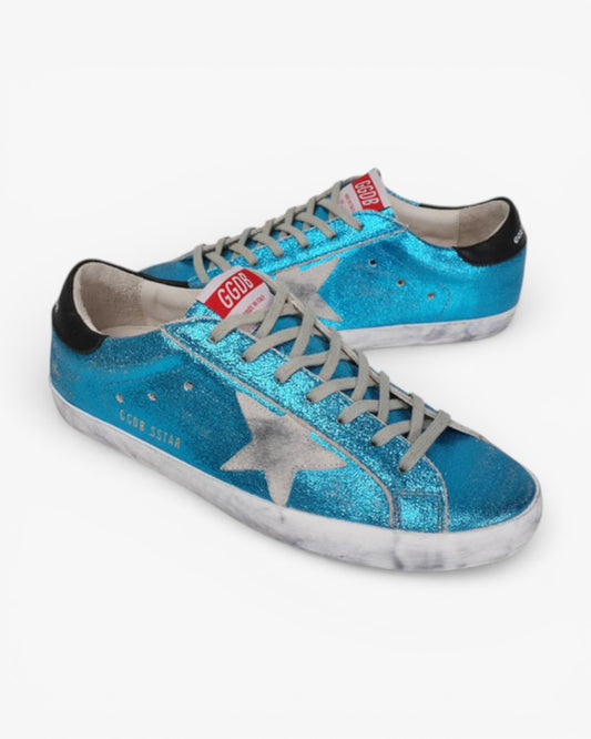 Golden Goose Blue Glitter Handcrafted Custom Couple Sneakers