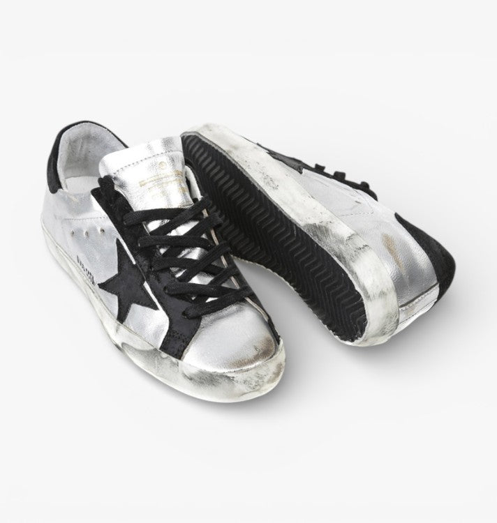 Golden Goose Super-Star Sneakers Leather Suede Star Silver Black Leather