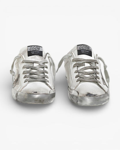 Golden Goose Super Star Leather Sneakers Suede Star Sparkle White Silver